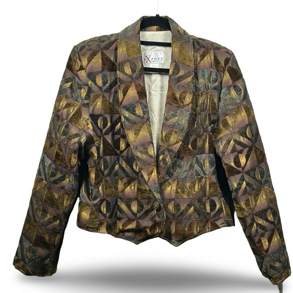 Expose Vintage Chenille Cropped Peaked Lapel Blazer Size XL Geometric Boho 70s